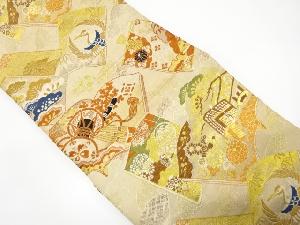 アンティーク　読み本に御所車・古楽器模様織り出し名古屋帯（材料）